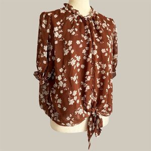 Haver London Earthy Floral Top Womens XL Brown White Ruffle Chiffon Flowy Blouse